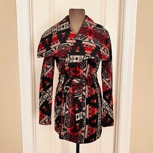Red plaid, tie-belted heavy coat by Quinn